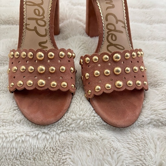 Sam Edelman Suede Leather Studded Open Toe Chunky Heels Size 8 - Picture 3 of 16